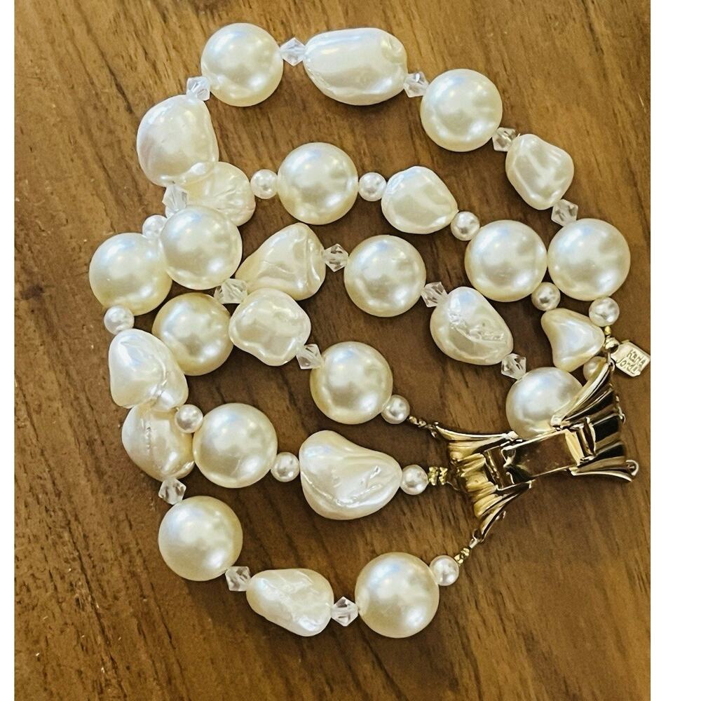 Vintage Karla Jordan Bracelet Beaded Faux Pearl Signed Statement 6.75” Gold Tone